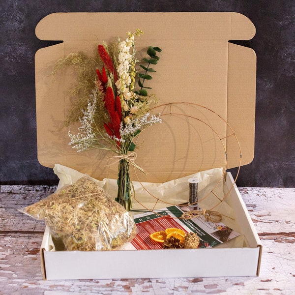 Christmas Wreath Making Kit with Dried Flowers. Add your own foliage. Includes ring, moss, wire, dried flowers, pine cones, etc. (#L)