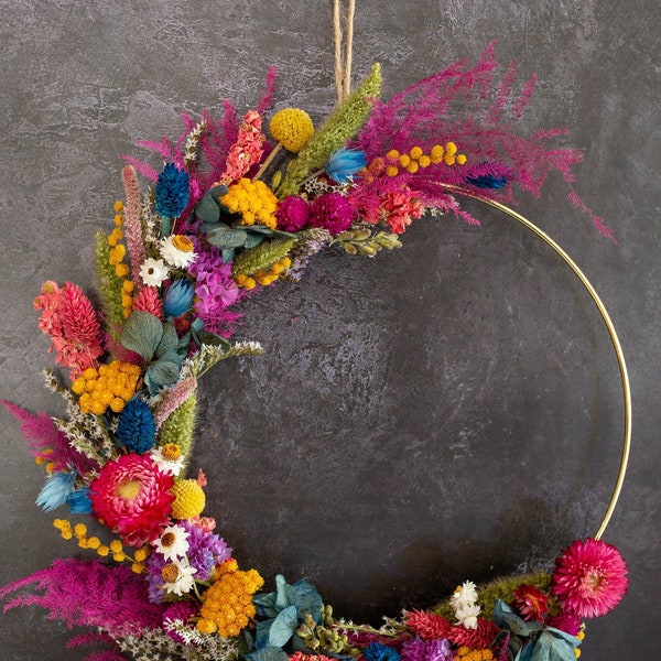 Dried Flower Wreath.  A metallic hoop, hand decorated with a selection of dried flowers. Carnival Colour