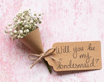 Will You Be My Bridesmaid Dried Flower Mini Bouquet. Dried Gypsophila Flower Proposal. Can Add Magnet and Choose Personalised Gift Message.