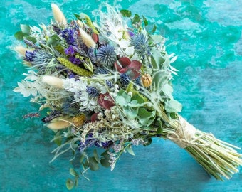 Dried Flower Thistle Bouquet. Dried Wedding Flowers made bespoke to order. Bride or Bridal Dried Wedding Flowers. Blues, Purples and Greens.