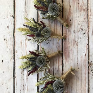 Dried Flower Thistle Wedding Buttonholes. Made from dried flowers and grasses. Rustic, Vintage, Country Boutonniere Groom Best Man Corsage image 5
