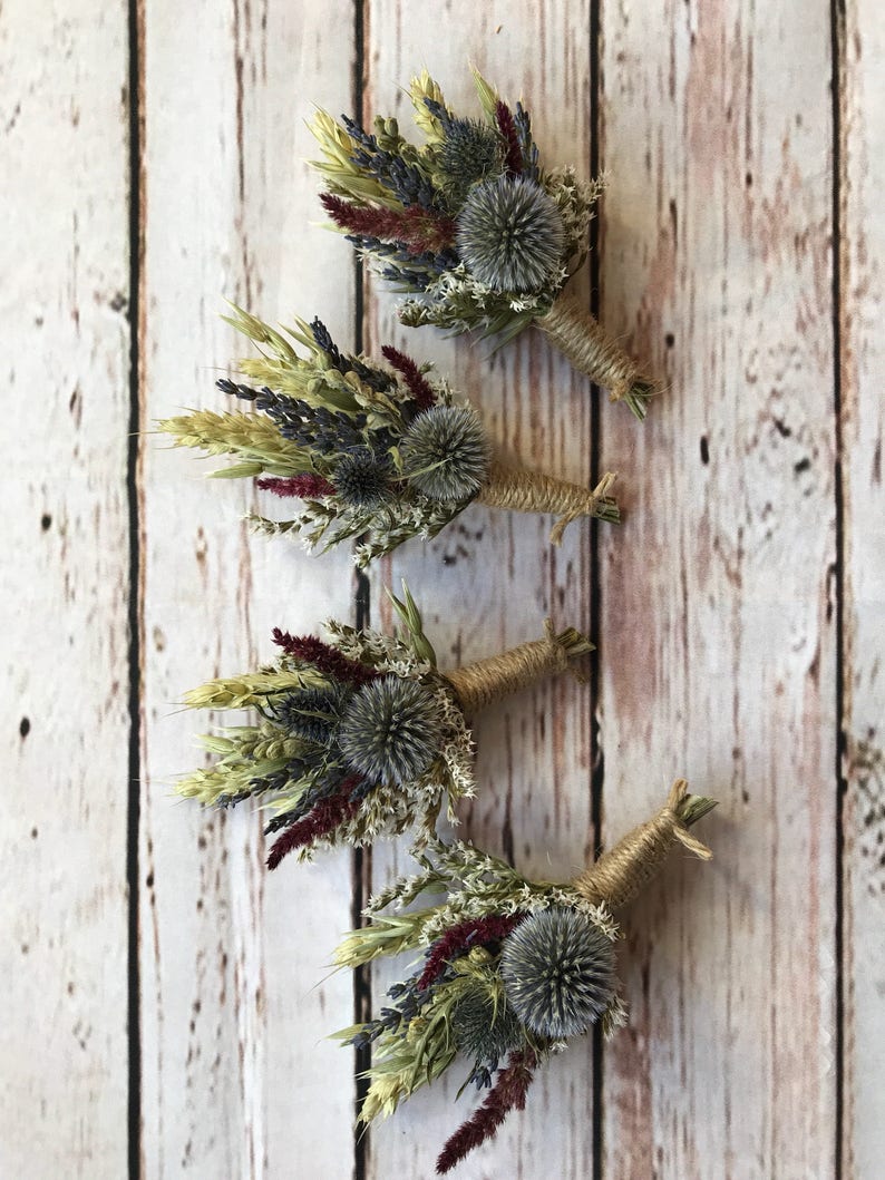 Dried Flower Thistle Wedding Buttonholes. Made from dried flowers and grasses. Rustic, Vintage, Country Boutonniere Groom Best Man Corsage image 5