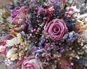 Dried Flower Bouquet, Summer Spring Wedding. Bride Bridesmaid. Rustic Country Charm Wild flowers, thistles, rose, twine. Buttonholes pink