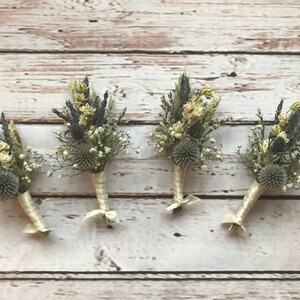 Beautiful Thistle Buttonholes. Made from dried flowers and grasses for a rustic, vintage or country feel. SCOTTISH tartan or twine. Lavender image 2