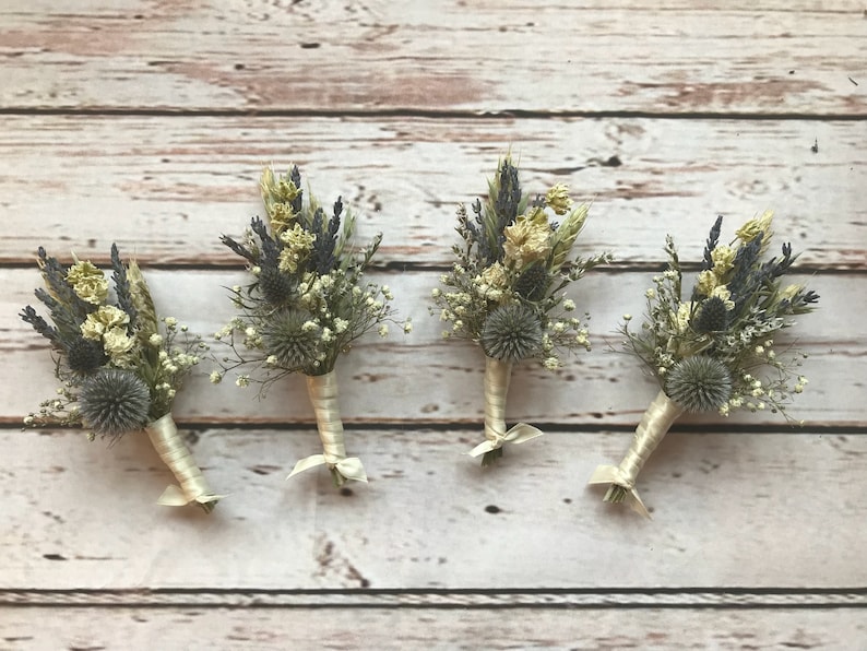 Beautiful Thistle Buttonholes. Made from dried flowers and grasses for a rustic, vintage or country feel. SCOTTISH tartan or twine. Lavender image 2