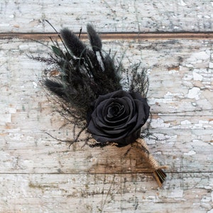 Dried Flower Black Rose Buttonhole. Handmade Dried Flower Wedding Buttonhole with Everlasting Black Flowers. Alternative Wedding Flowers.