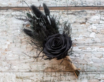 Dried Flower Black Rose Buttonhole. Handmade Dried Flower Wedding Buttonhole with Everlasting Black Flowers. Alternative Wedding Flowers.