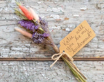 Personalised Will You Be My Bridesmaid Dried Flower Posy. Personalised Dried Flower Bridesmaid Proposal. Purple Bridesmaid Proposal Gift. #i