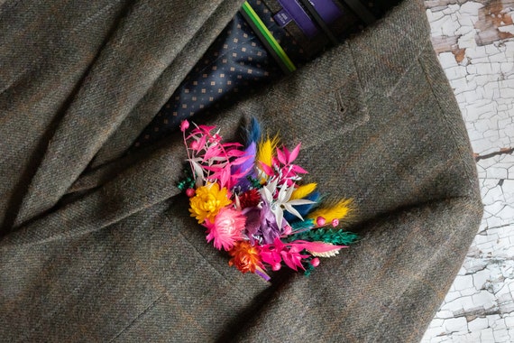 Dried Flower Floral Pocket Square. Alternative Neon Bright Wedding Buttonholes with Personalised Secret Message Option. Groom's Flower Gift