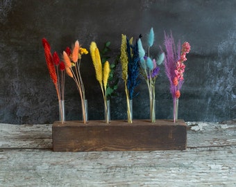 Dried Flower Wooden Vase For Home Décor and Gifts, Reclaimed Wooden Block with Glass Test Tubes and Rainbow Dried Flowers. Canary Grass