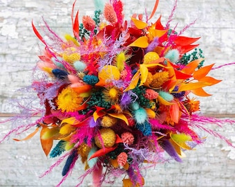 Rainbow Dried Flower Bouquet. Colourful Wedding Flowers for Bride, Bridal, Bridesmaid or Flowergirl. Buttonholes, Hair Pieces Made to Match.