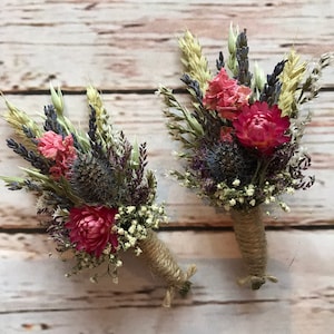 Dried Flower Buttonholes. Dried thistle design by Florence and Flowers.  Matching Wedding Bouquet available for rustic gaelic style