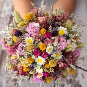 Dried Flower Wedding Bouquet.  Summer Meadow Dried Flowers for Bride.  Bridal Design includes Daisies, Pinks and Lavender. Matching Items