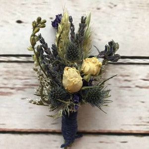 Beautiful Thistle Buttonholes. Made from dried flowers and grasses for a rustic, vintage or country feel. SCOTTISH tartan or twine. Lavender image 3