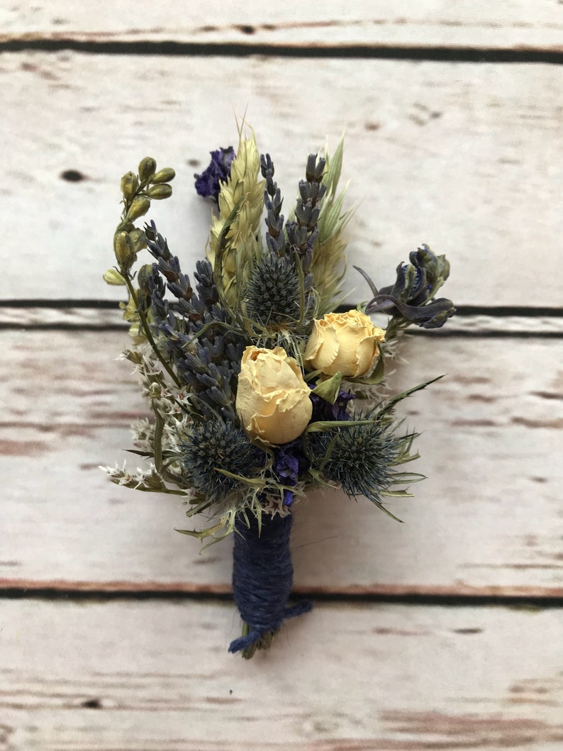 Beautiful Thistle Buttonholes. Made from dried flowers and grasses for a rustic, vintage or country feel. SCOTTISH tartan or twine. Lavender image 3