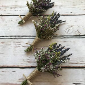 Beautiful Thistle Buttonholes. Made from dried flowers and grasses for a rustic, vintage or country feel. SCOTTISH tartan or twine. Lavender image 4