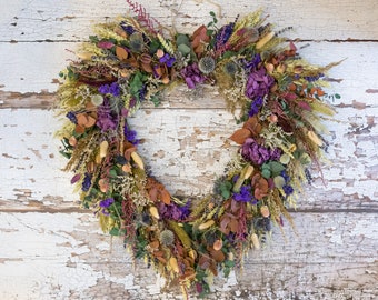 Dried Thistle Flower Heart Wreath made from Natural Dried Flowers. Funeral Tribute or Home and Wedding Décor. Bespoke and Choice of Colours