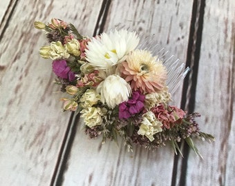 Precioso peine floral rosa natural hecho a medida. Flores secas, adorno para el cabello de boda, novia, dama de honor, niña de las flores, accesorio para pinzas de flores