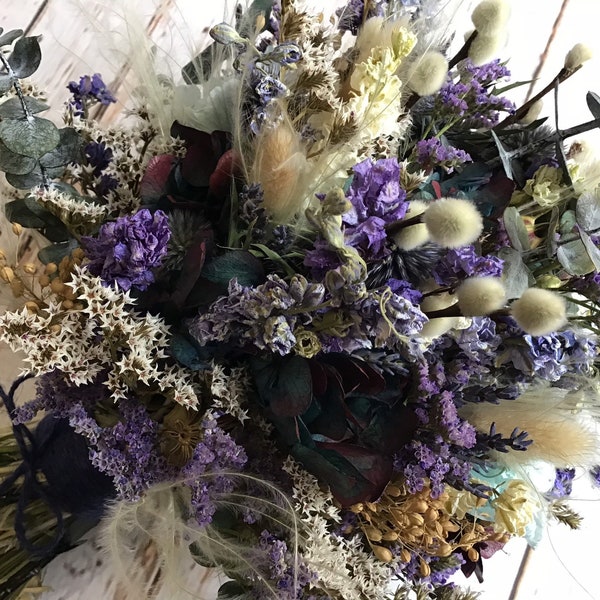 Dried Flower Wedding Bouquet with Thistles, Blue and Green. Dried Bridal Bouquet for Bride, Bridesmaid, Flowergirl. Dried Wedding flowers