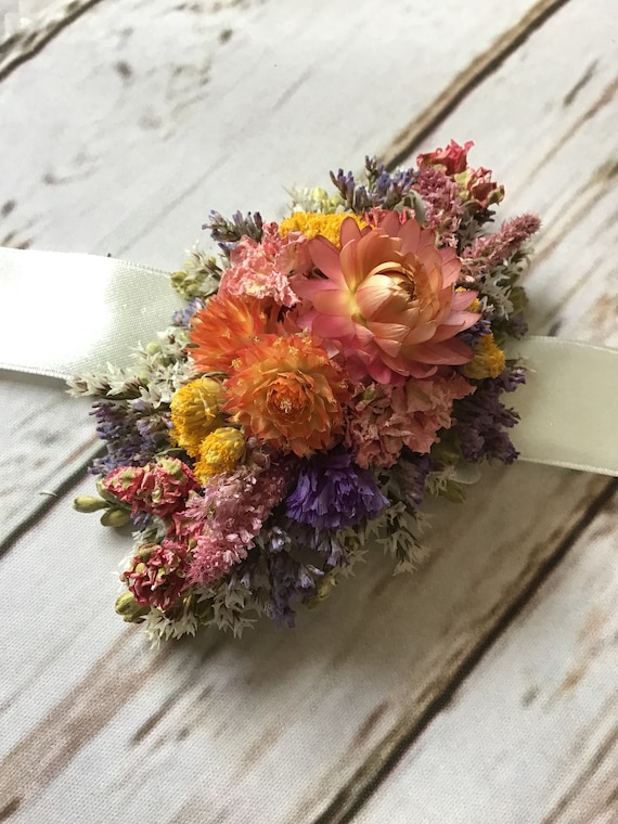 Dried Floral Corsage With Ribbon Overlay, Beautiful Natural Dried