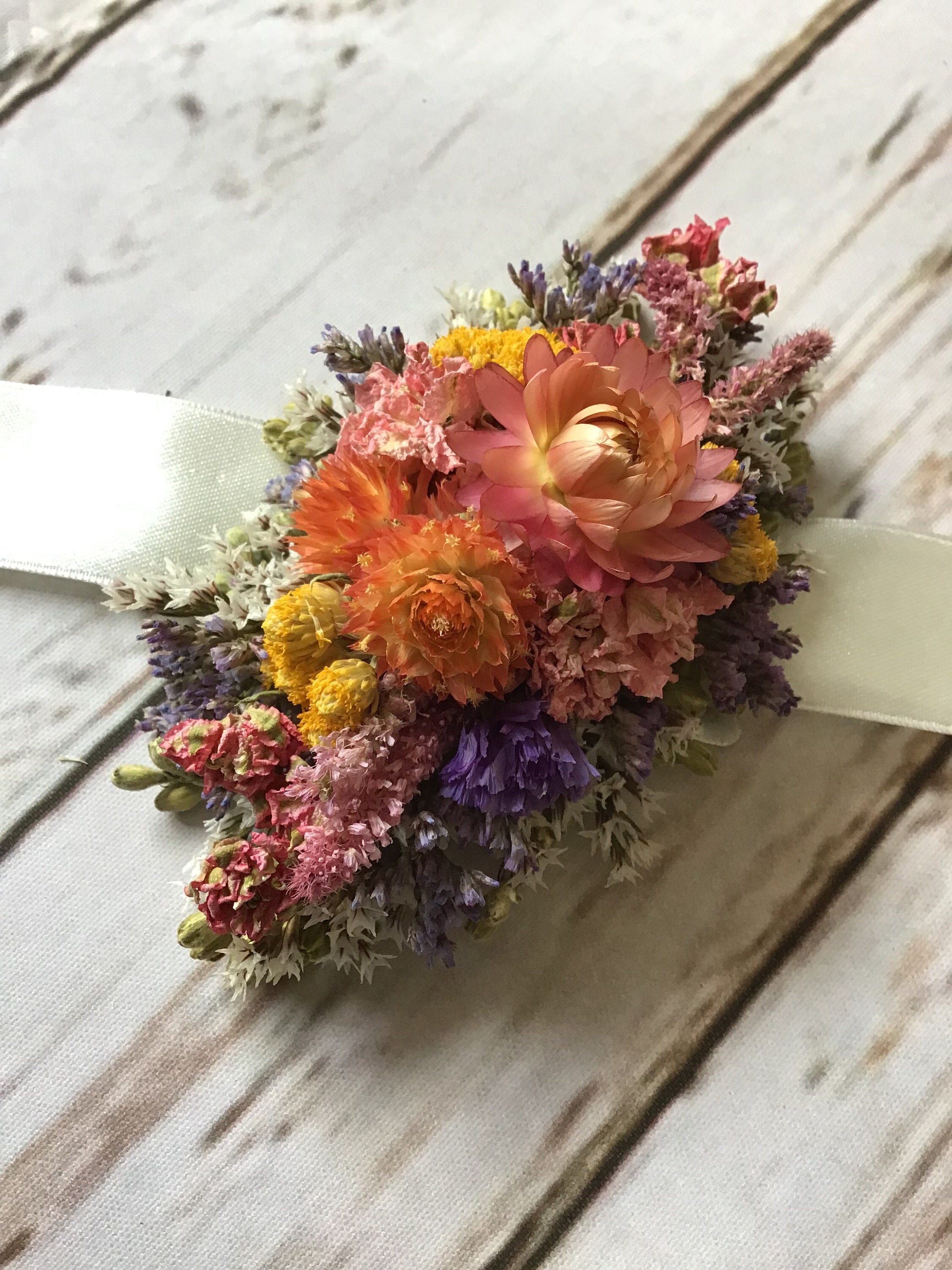 Dried Floral Corsage With Ribbon Overlay, Beautiful Natural Dried 