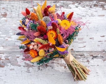 Dried Flower Bouquet. Rainbow Wedding Flowers for Bride, Bridal, Bridesmaid or Flowergirl. Buttonholes made to match.