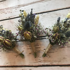 Beautiful Thistle Buttonholes. Made from dried flowers and grasses for a rustic, vintage or country feel. SCOTTISH tartan or twine. Lavender image 1