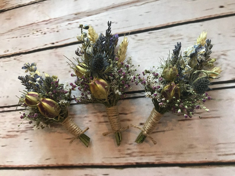 Beautiful Thistle Buttonholes. Made from dried flowers and grasses for a rustic, vintage or country feel. SCOTTISH tartan or twine. Lavender image 1
