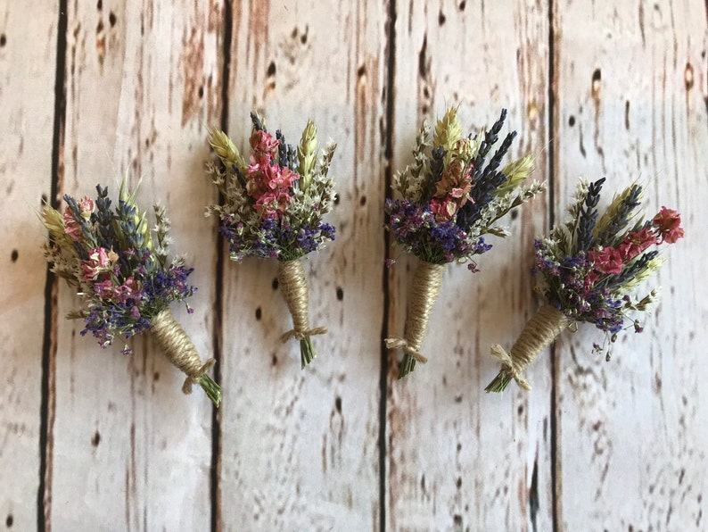 Dried Flower Buttonholes. Pink blush design by Florence and Flowers.  Matching Wedding Bouquet available for a rustic, country design 