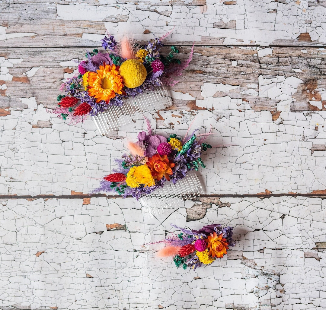 Rainbow Hair Accessories Made With Dried Flowers. Range of Clips, Grips