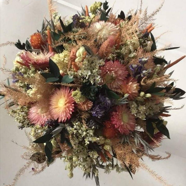 Dried Flower Bouquet. Dried Boho Wedding Bouquet in Green, Cream, Salmon shades.  Dried Bridal Bouquet for Bride, Bridesmaid Wedding flowers