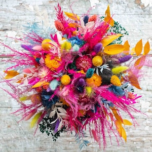 Dried Flower Bouquet. Colourful Fiesta Wedding Flowers for Bride, Bridal, Bridesmaid or Flowergirl. Buttonholes, Hair Pieces Made to Match.