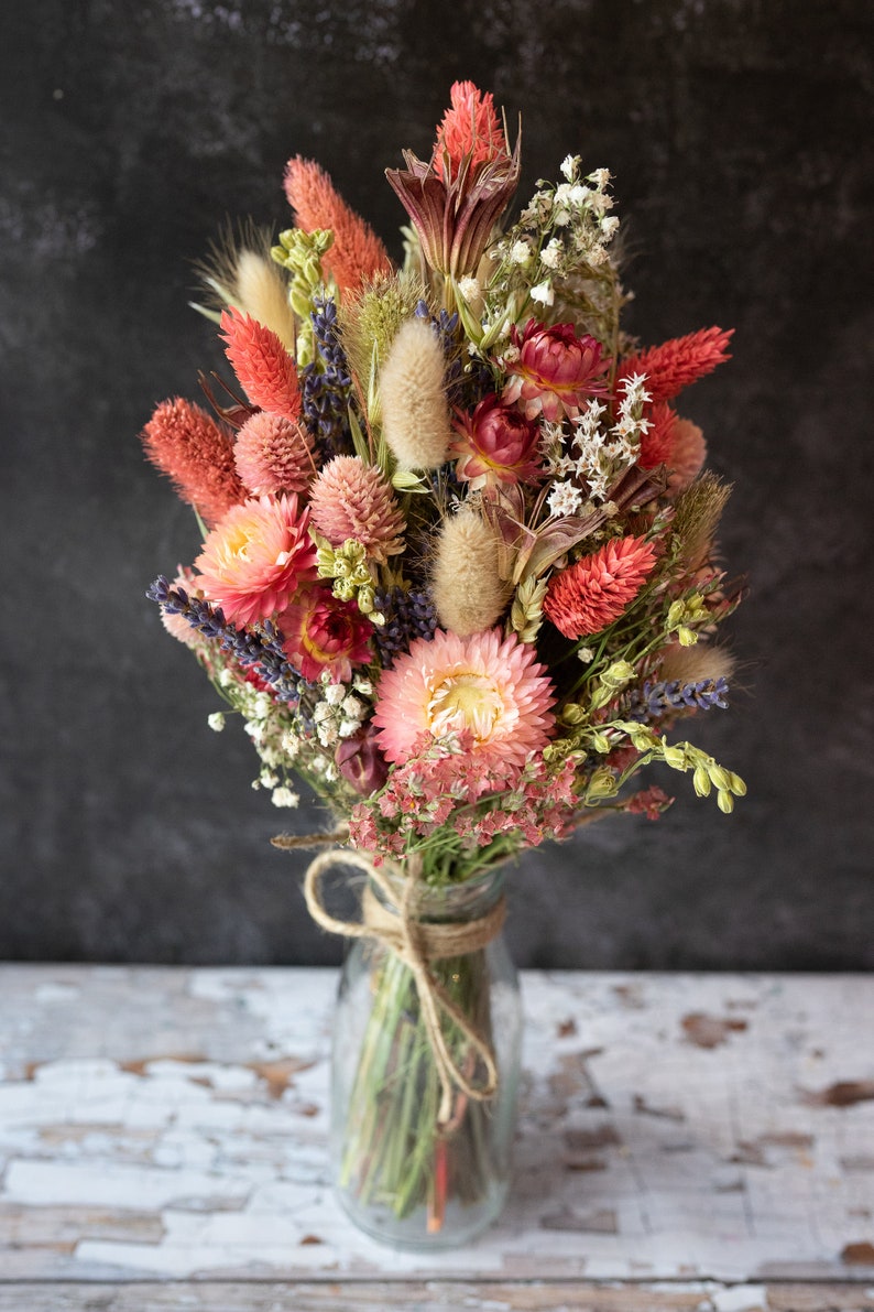 Dried Flower Arrangement in Country Pinks. Mothers Day, Wedding, gift or home decoration. Can include personalised message in handmade card image 2
