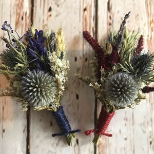 Dried Flower Wedding Buttonholes. Made from dried flowers and grasses for a rustic, vintage or country feel. Scottish Thistle, Red or Blue