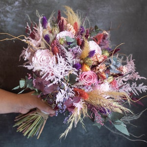 Preserved Rose and Dried Flower Wedding Bouquet. Bridal Wedding Flowers made with everlasting natural pink roses. Buttonholes Made to Match