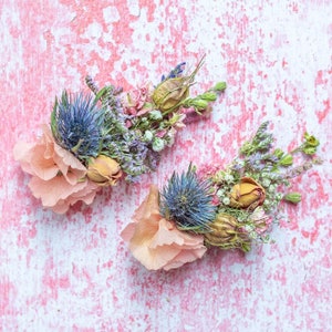 Dried Flower Mini Hair Clip. Pink and Navy Blue Thistle and Rose Wedding Hair Piece, Bride, Bridesmaid, Accessory, Grip, Pins, Comb, Crown