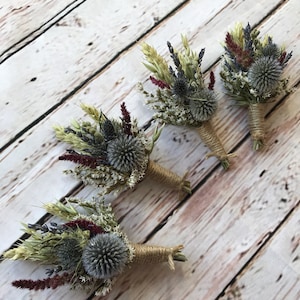 Dried Flower Thistle Wedding Buttonholes. Made from dried flowers and grasses. Rustic, Vintage, Country Boutonniere Groom Best Man Corsage image 3