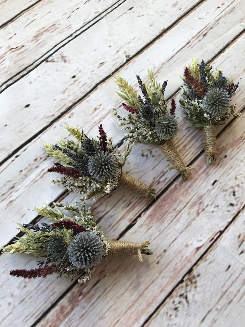 Dried Flower Thistle Wedding Buttonholes. Made from dried flowers and grasses. Rustic, Vintage, Country Boutonniere Groom Best Man Corsage image 3