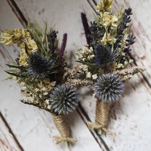 Dried Flower Thistle Wedding Buttonholes. Made from dried flowers and grasses. Rustic, Vintage, Country Boutonniere Groom Best Man Corsage image 4