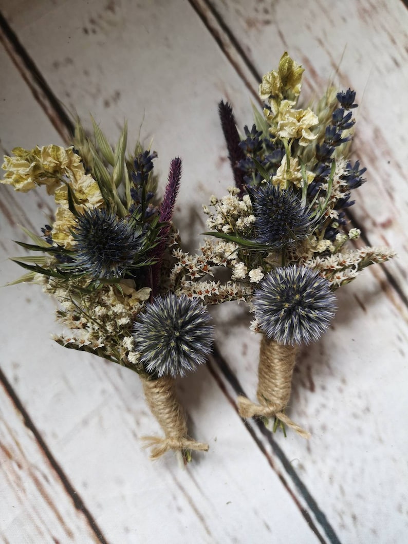 Dried Flower Thistle Wedding Buttonholes. Made from dried flowers and grasses. Rustic, Vintage, Country Boutonniere Groom Best Man Corsage image 4