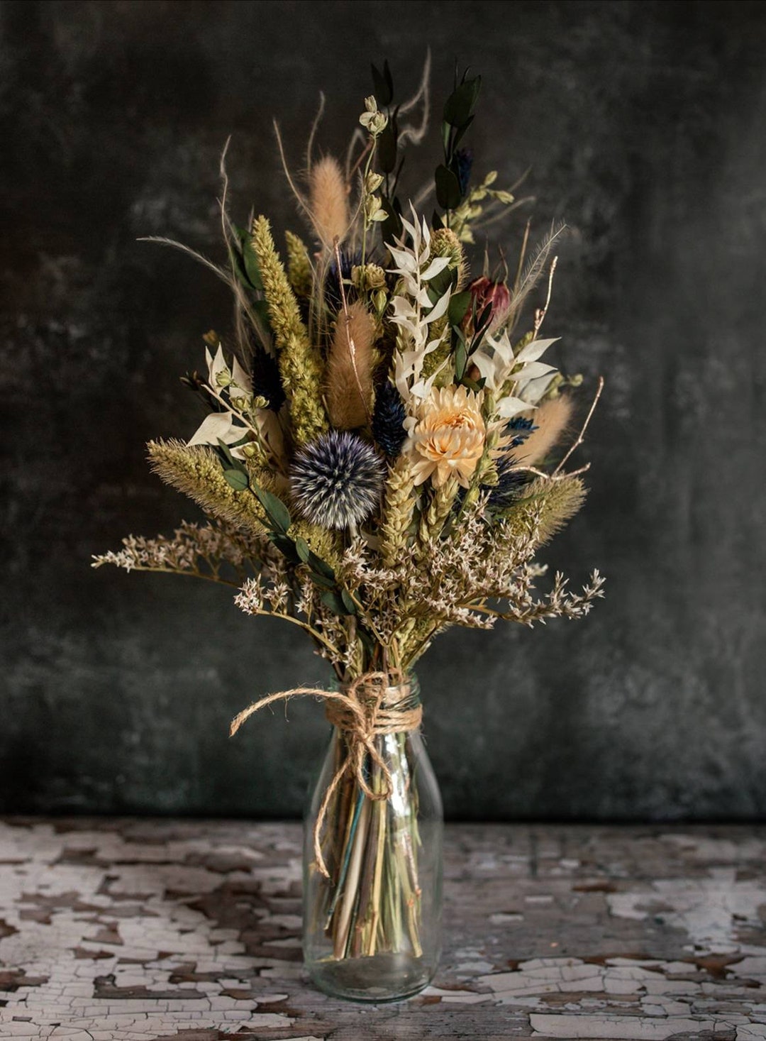 Dried Flower Arrangement, Winter Wonderland Posy Made Into a Mini Milk