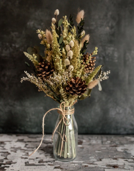 Winter Dried Flower Arrangement, Pine Cones, Milk Bottle Vase