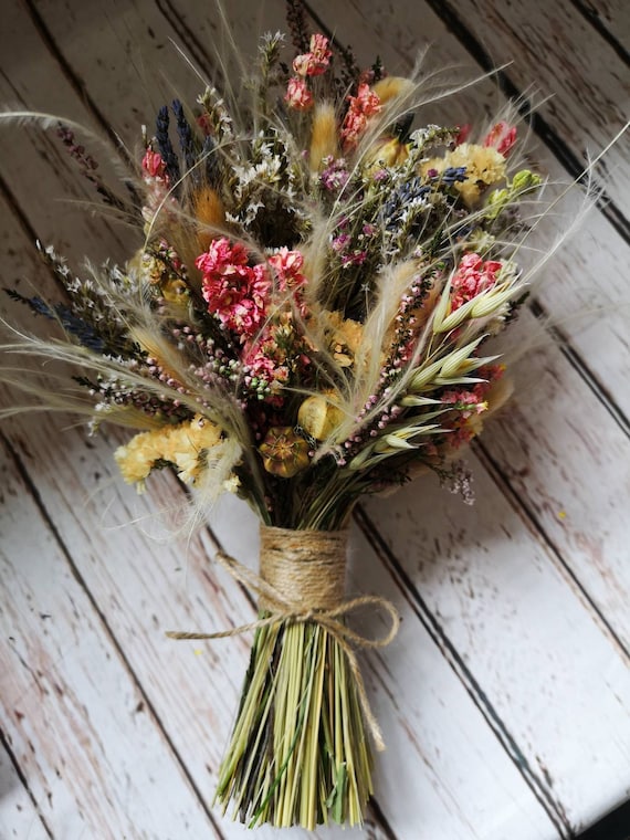Bridal Bouquet With Dried Pink Wildflowers, Dried Flowers, Lavender, and  Wheat / Dried Bouquet for Weddings and Dried Flower Arrangements 