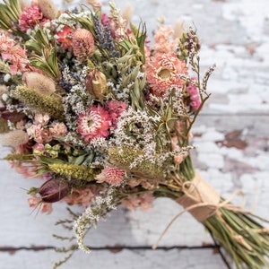 Dried Flower Bouquet.  Dried Wedding Flowers for Bride, Bridesmaid, Flowergirl. Buttonholes to Match in a Country Pink Design. Dried Bouquet