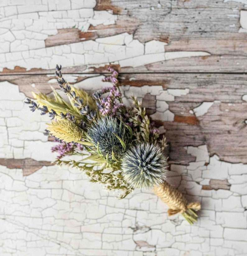 Dried Flower Thistle Wedding Buttonholes. Made from dried flowers and grasses. Rustic, Vintage, Country Boutonniere Groom Best Man Corsage image 1