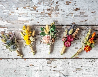 Dried Flower Buttonholes.  Choose Your Wedding Design by Florence and Flowers. Matching Bridal Bouquet available. Bride and Groom Flowers