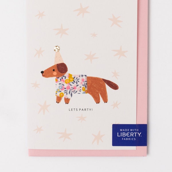 Liberty Sausage Dog Birthday Card - Wiltshire Bud fabric