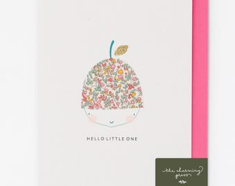 Liberty Fabric Acorn New Baby Card with Glitter Leaf