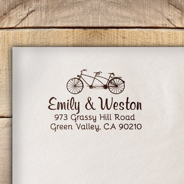 Tandem Bike Stamp, Return Address Stamp, Housewarming Gift for Couple, Self Inking Address Stamp or Wooden Handle, Bicycle Themed Gift