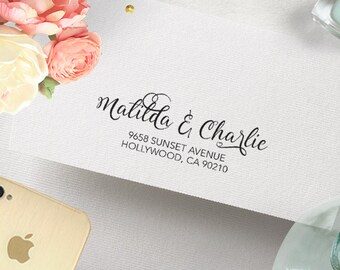 Return Address Stamp - Swirl Font Couples, Handle or Self-Inking, Gift for Couple, Housewarming, HEART Address Stamp Couple, Swirly